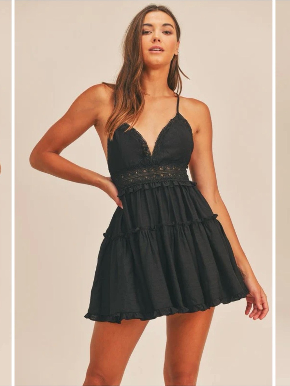 MARBLE Black Lace-Trim Tiered Mini Dress